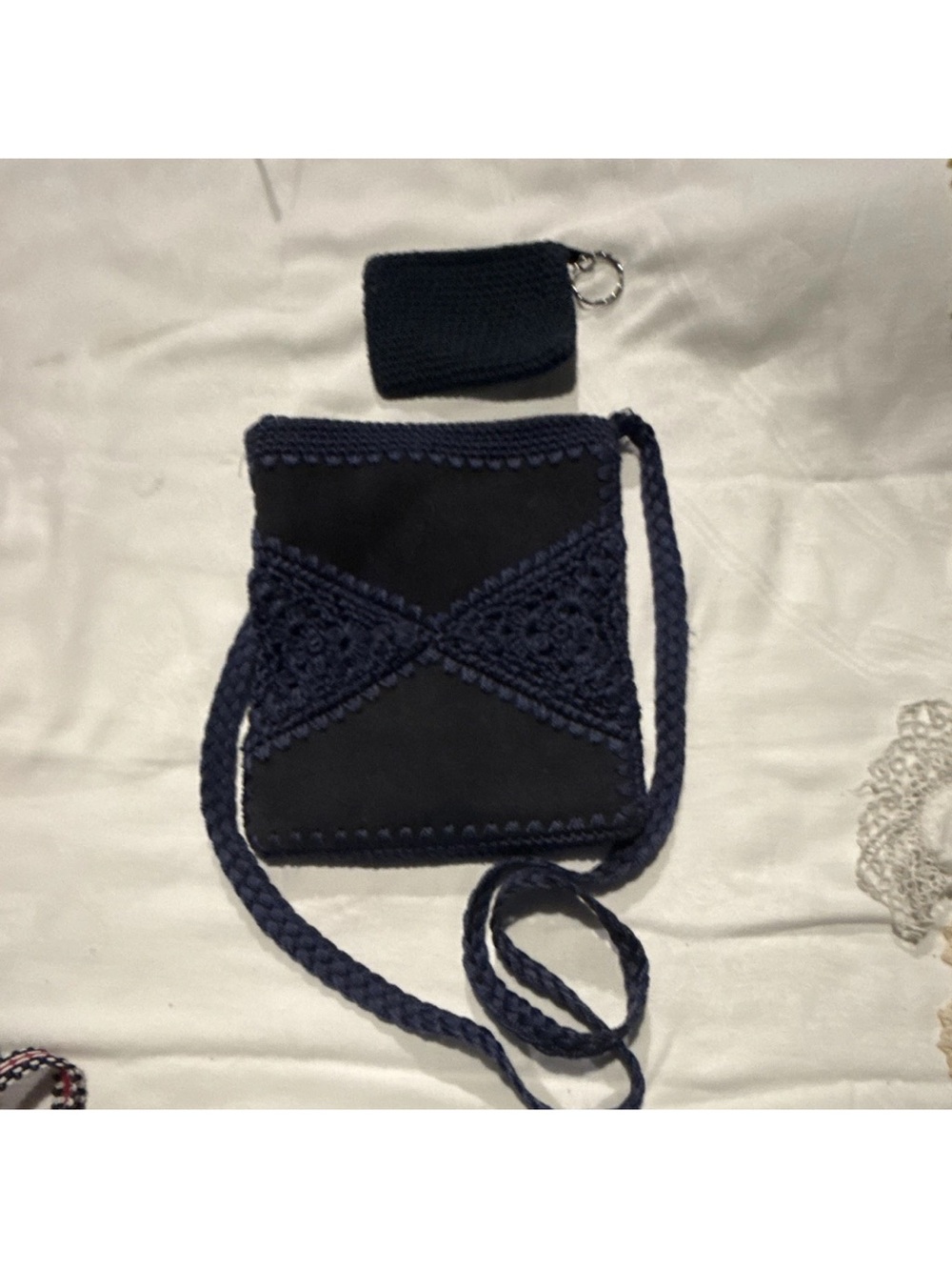 Navy Crochet Crossbody Bag w/ Strap + Matching Coin Purse Keychain Small